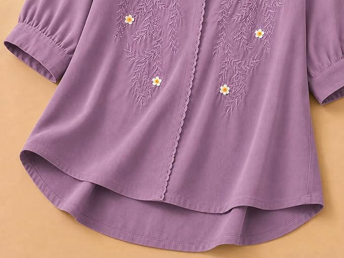Women’s Embroidered Lavender Korean Style Top and Tunic – V Neck, Puff Sleeves, Relaxed Fit - Image 5