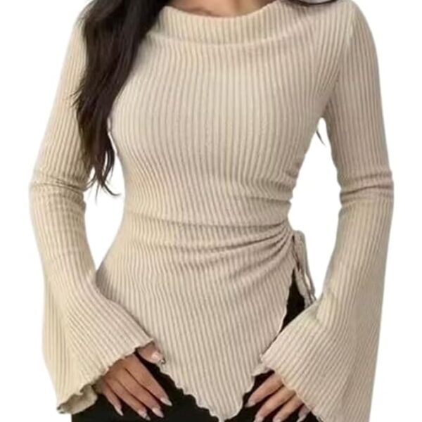 Beige Ribbed Bell Sleeve Round Neck Slim Fit Stretchable Top