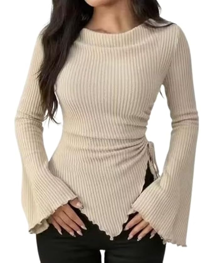 Beige Ribbed Bell Sleeve Round Neck Slim Fit Stretchable Top