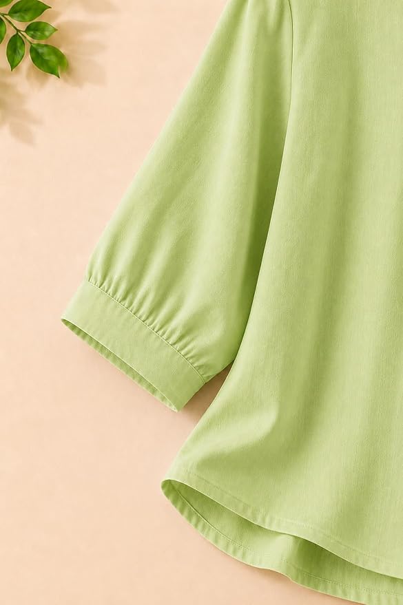Women’s Embroidered Pista Green Korean Style Top and Tunic – V Neck, Puff Sleeves, Relaxed Fit - Image 3