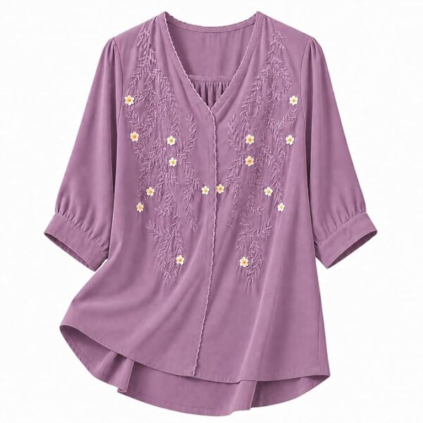 Women’s Embroidered Lavender Korean Style Top and Tunic – V Neck, Puff Sleeves, Relaxed Fit