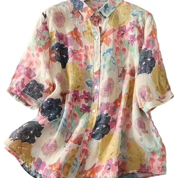 Women’s Casual Button‑Down Shirt with Multicolor Floral Print & Half Sleeves – Point Collar, Puff Sleeves