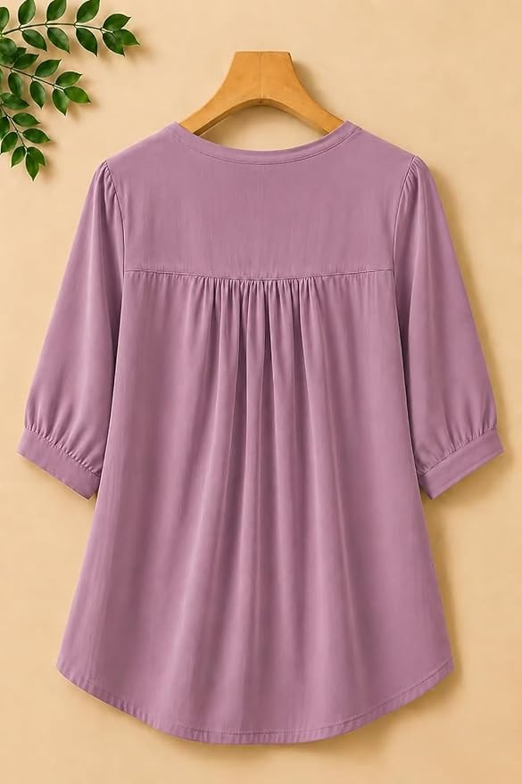 Women’s Embroidered Lavender Korean Style Top and Tunic – V Neck, Puff Sleeves, Relaxed Fit - Image 7