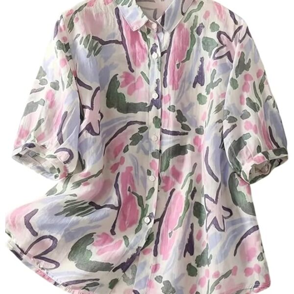 Women’s Casual Button‑Down Shirt with Multicolor Floral Print & Half Sleeves – Point Collar, Puff Sleeves (Pink)