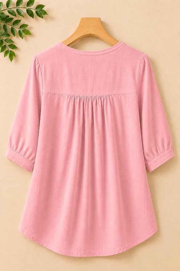 Women’s Embroidered Pink Korean Style Top and Tunic – V Neck, Puff Sleeves, Relaxed Fit - Image 6