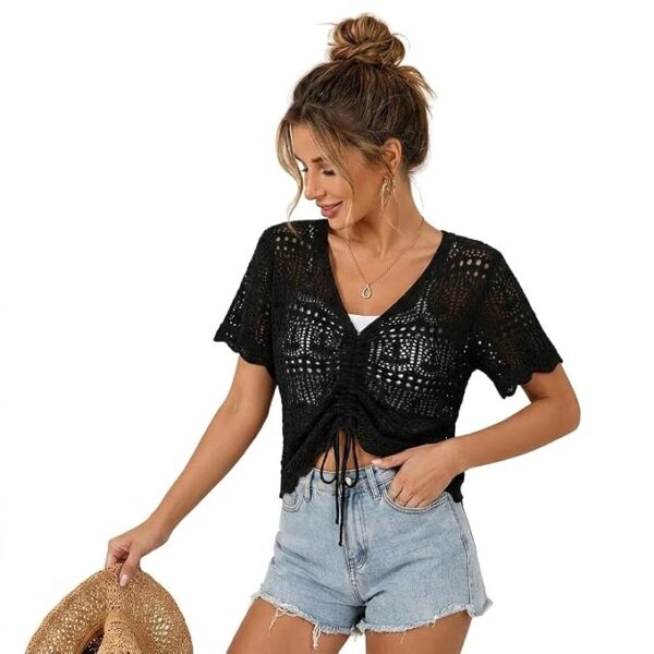 Women’s Black V‑Neck Crochet Knit Top – Half Sleeve Drawstring Hollow‑Out Summer Blouse