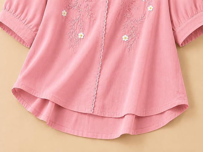 Women’s Embroidered Pink Korean Style Top and Tunic – V Neck, Puff Sleeves, Relaxed Fit - Image 4