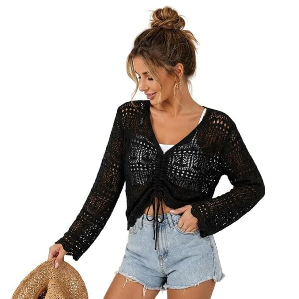 Women’s Black V‑Neck Crochet Knit Top – Long Sleeve Drawstring Hollow‑Out Summer Blouse