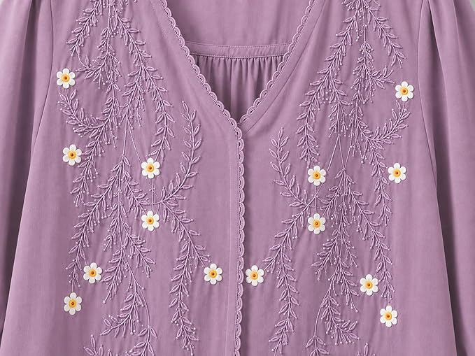 Women’s Embroidered Lavender Korean Style Top and Tunic – V Neck, Puff Sleeves, Relaxed Fit - Image 4