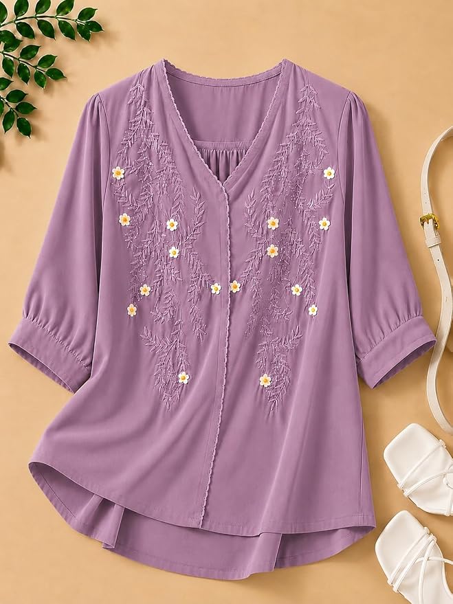 Women’s Embroidered Lavender Korean Style Top and Tunic – V Neck, Puff Sleeves, Relaxed Fit - Image 8