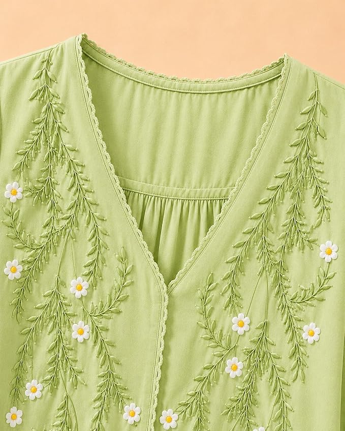 Women’s Embroidered Pista Green Korean Style Top and Tunic – V Neck, Puff Sleeves, Relaxed Fit - Image 5