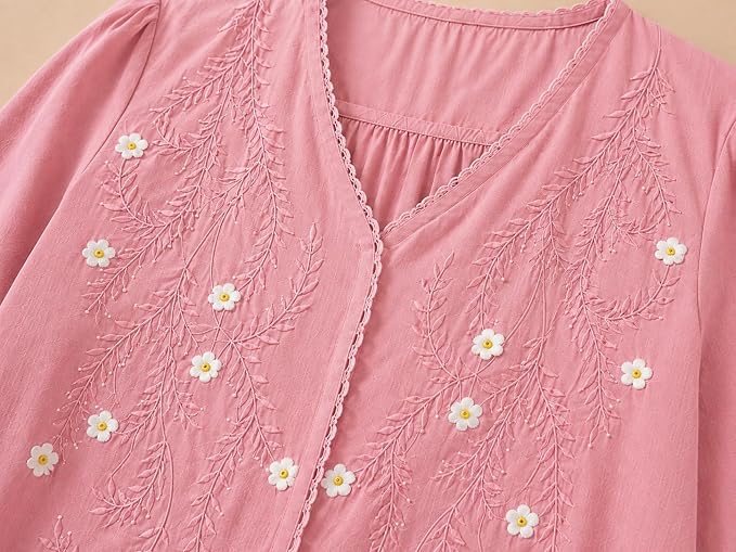 Women’s Embroidered Pink Korean Style Top and Tunic – V Neck, Puff Sleeves, Relaxed Fit - Image 5