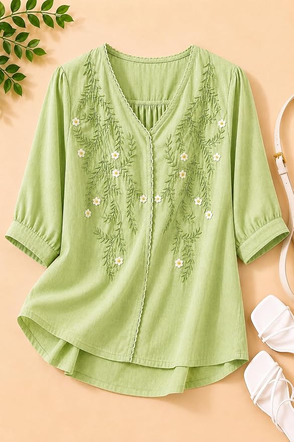 Women’s Embroidered Pista Green Korean Style Top and Tunic – V Neck, Puff Sleeves, Relaxed Fit - Image 7