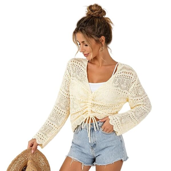 Women’s Beige V‑Neck Crochet Knit Top – Long Sleeve Drawstring Hollow‑Out Summer Blouse