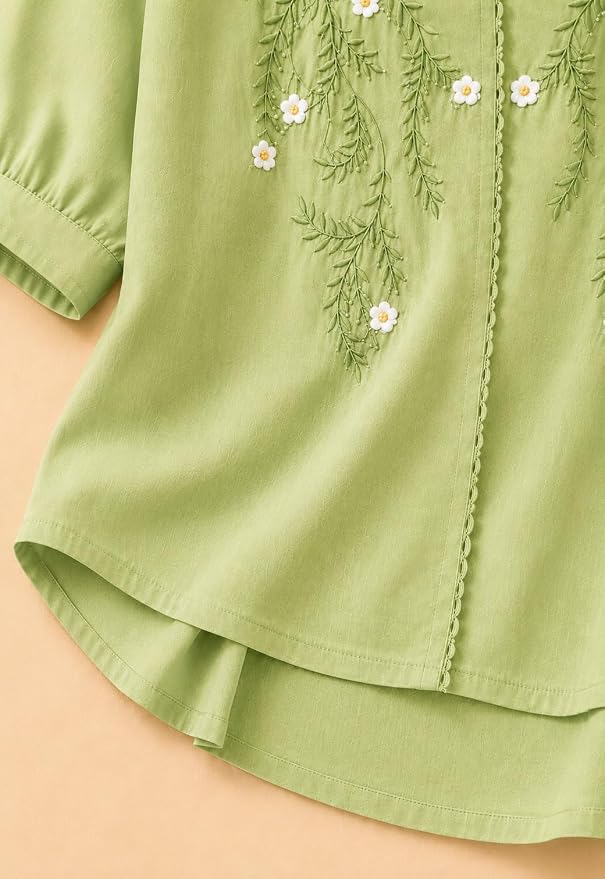 Women’s Embroidered Pista Green Korean Style Top and Tunic – V Neck, Puff Sleeves, Relaxed Fit - Image 2