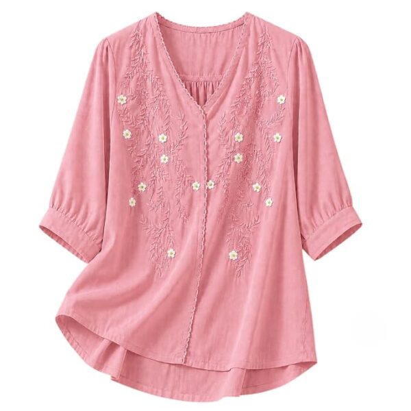 Women’s Embroidered Pink Korean Style Top and Tunic – V Neck, Puff Sleeves, Relaxed Fit