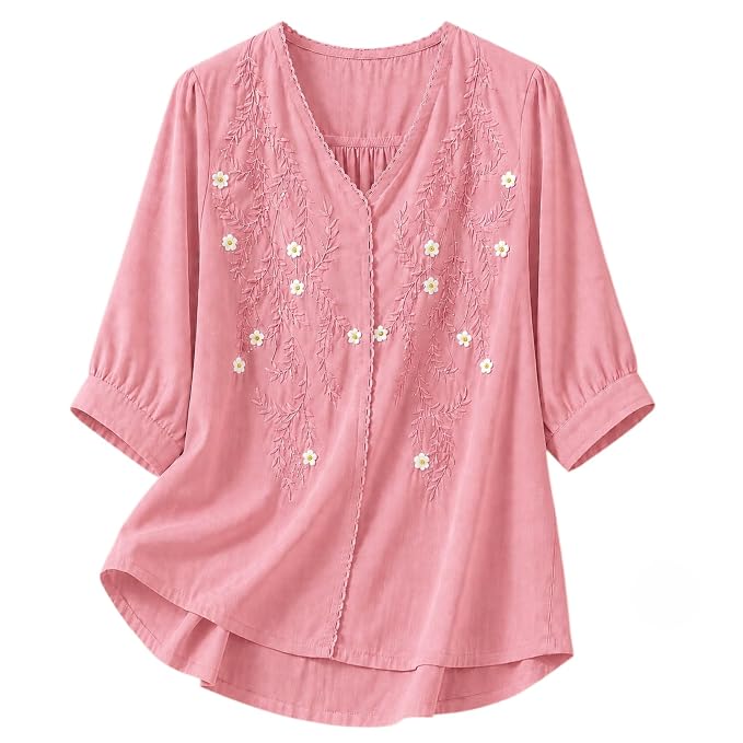 Women’s Embroidered Pink Korean Style Top and Tunic – V Neck, Puff Sleeves, Relaxed Fit