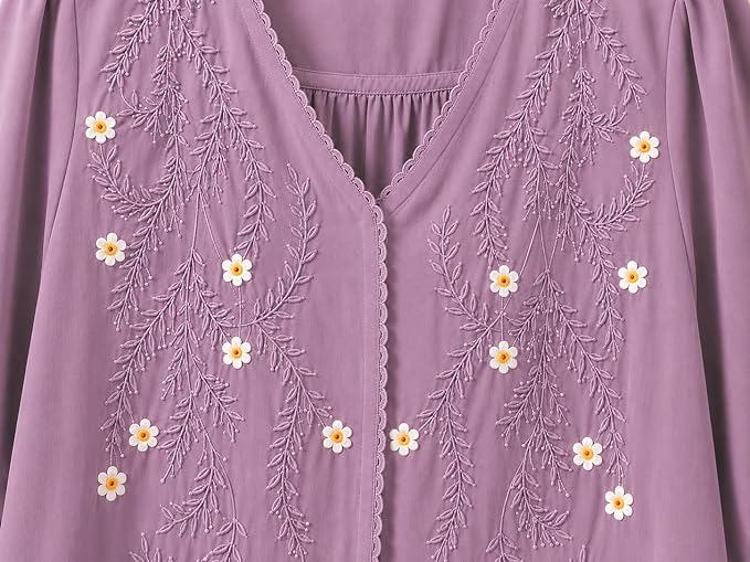 Women’s Embroidered Lavender Korean Style Top and Tunic – V Neck, Puff Sleeves, Relaxed Fit - Image 2