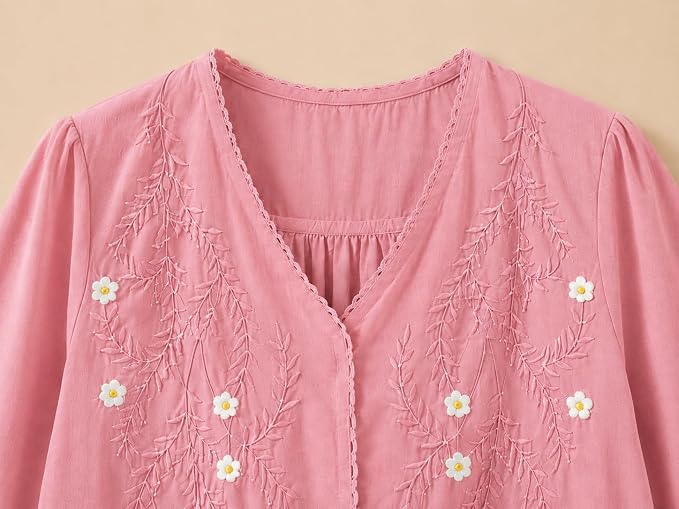 Women’s Embroidered Pink Korean Style Top and Tunic – V Neck, Puff Sleeves, Relaxed Fit - Image 2