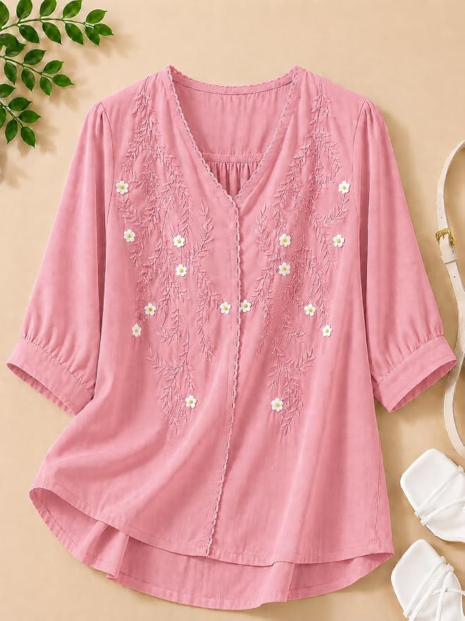 Women’s Embroidered Pink Korean Style Top and Tunic – V Neck, Puff Sleeves, Relaxed Fit - Image 7