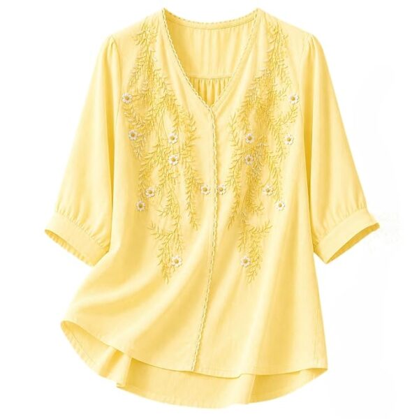 Women’s Embroidered Yellow Korean Style Top and Tunic – V Neck, Puff Sleeves, Relaxed Fit