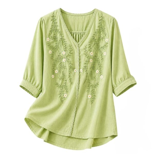 Women’s Embroidered Pista Green Korean Style Top and Tunic – V Neck, Puff Sleeves, Relaxed Fit