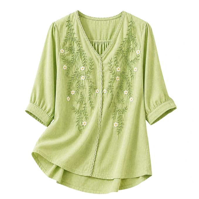 Women’s Embroidered Pista Green Korean Style Top and Tunic – V Neck, Puff Sleeves, Relaxed Fit