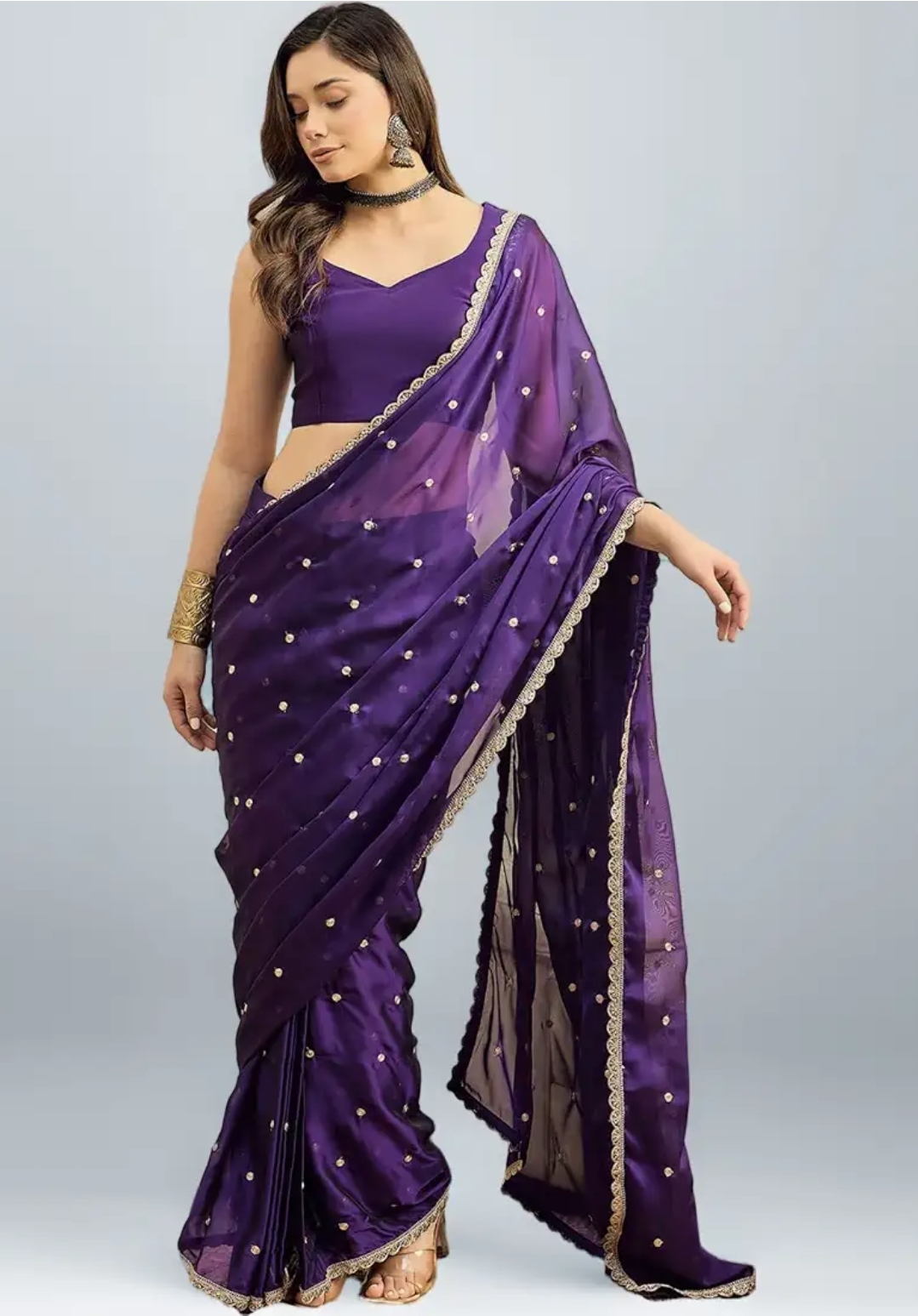Women Purple Pure Georgette Embroidered Ready to Wear One Minute Saree with Unstitched Blouse Piece - Image 7