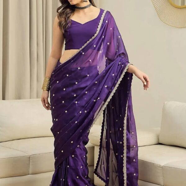Women Purple Pure Georgette Embroidered Ready to Wear One Minute Saree with Unstitched Blouse Piece
