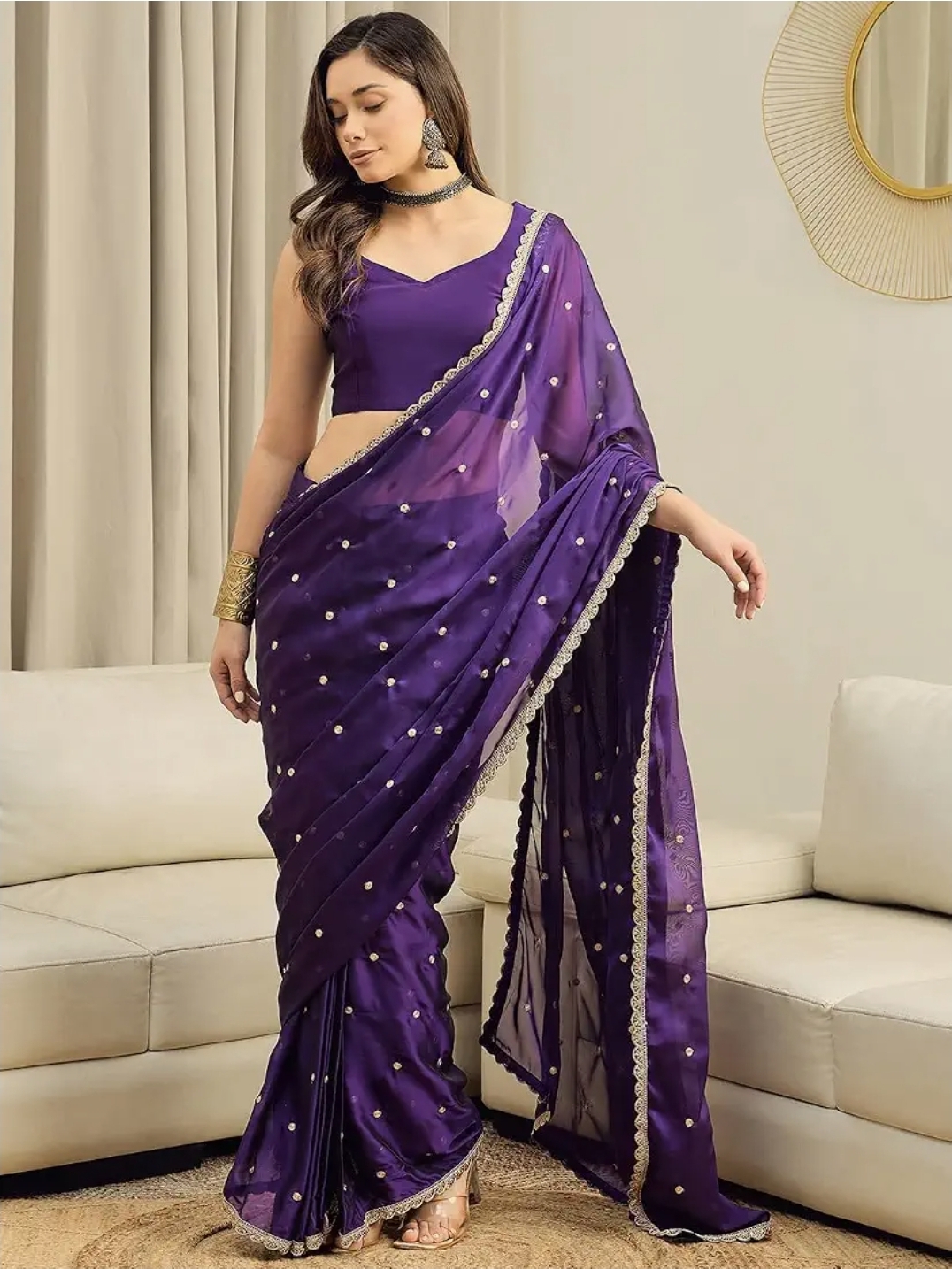 Women Purple Pure Georgette Embroidered Ready to Wear One Minute Saree with Unstitched Blouse Piece