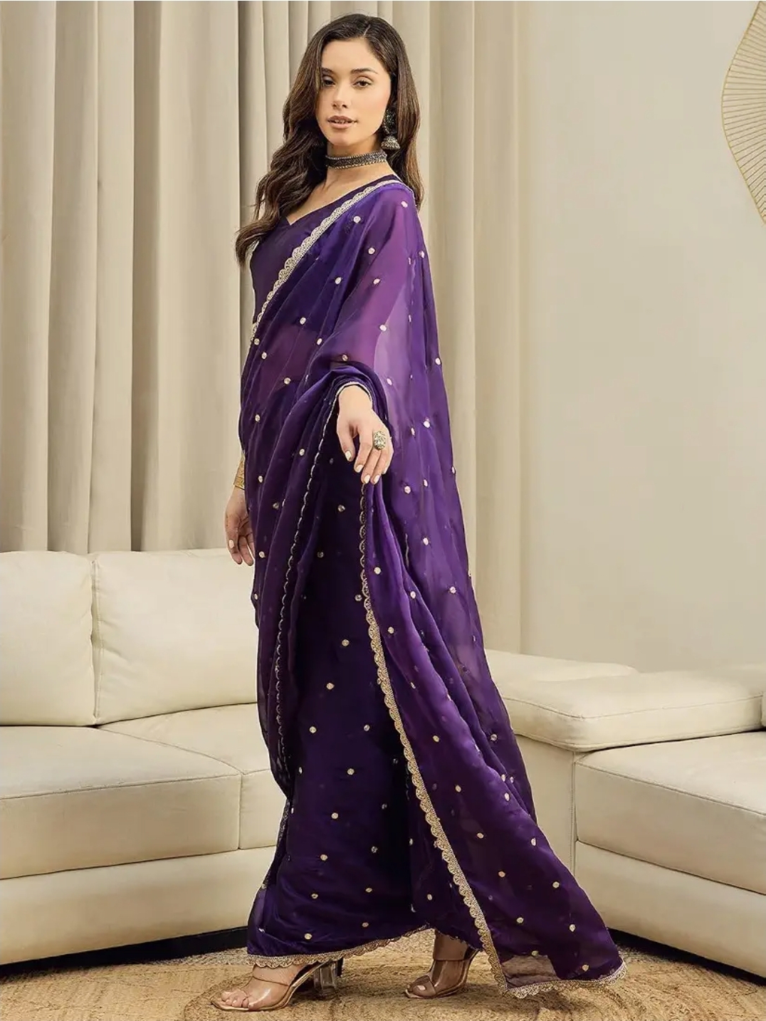 Women Purple Pure Georgette Embroidered Ready to Wear One Minute Saree with Unstitched Blouse Piece - Image 5