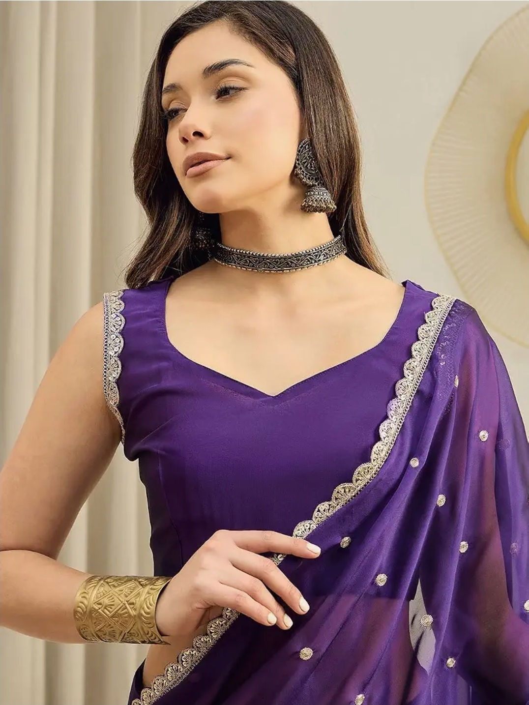 Women Purple Pure Georgette Embroidered Ready to Wear One Minute Saree with Unstitched Blouse Piece - Image 4