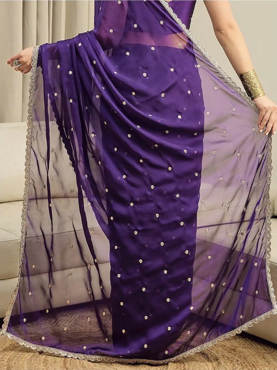 Women Purple Pure Georgette Embroidered Ready to Wear One Minute Saree with Unstitched Blouse Piece - Image 3