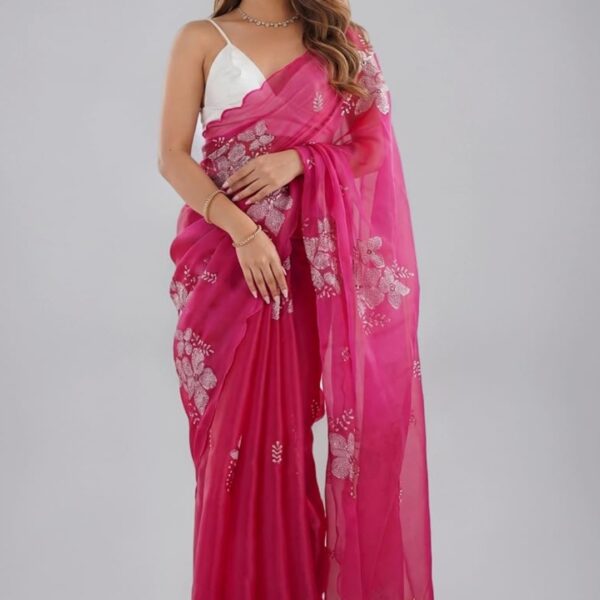 Women Pink Pure Georgette Embroidered Ready to Wear One Minute Saree with Unstitched Blouse Piece