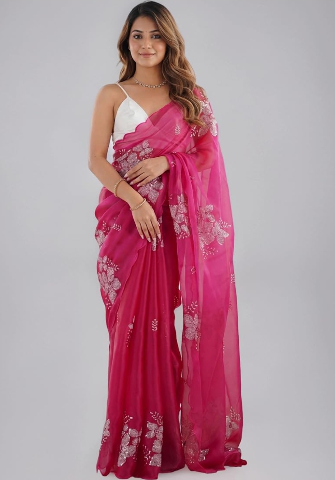 Women Pink Pure Georgette Embroidered Ready to Wear One Minute Saree with Unstitched Blouse Piece