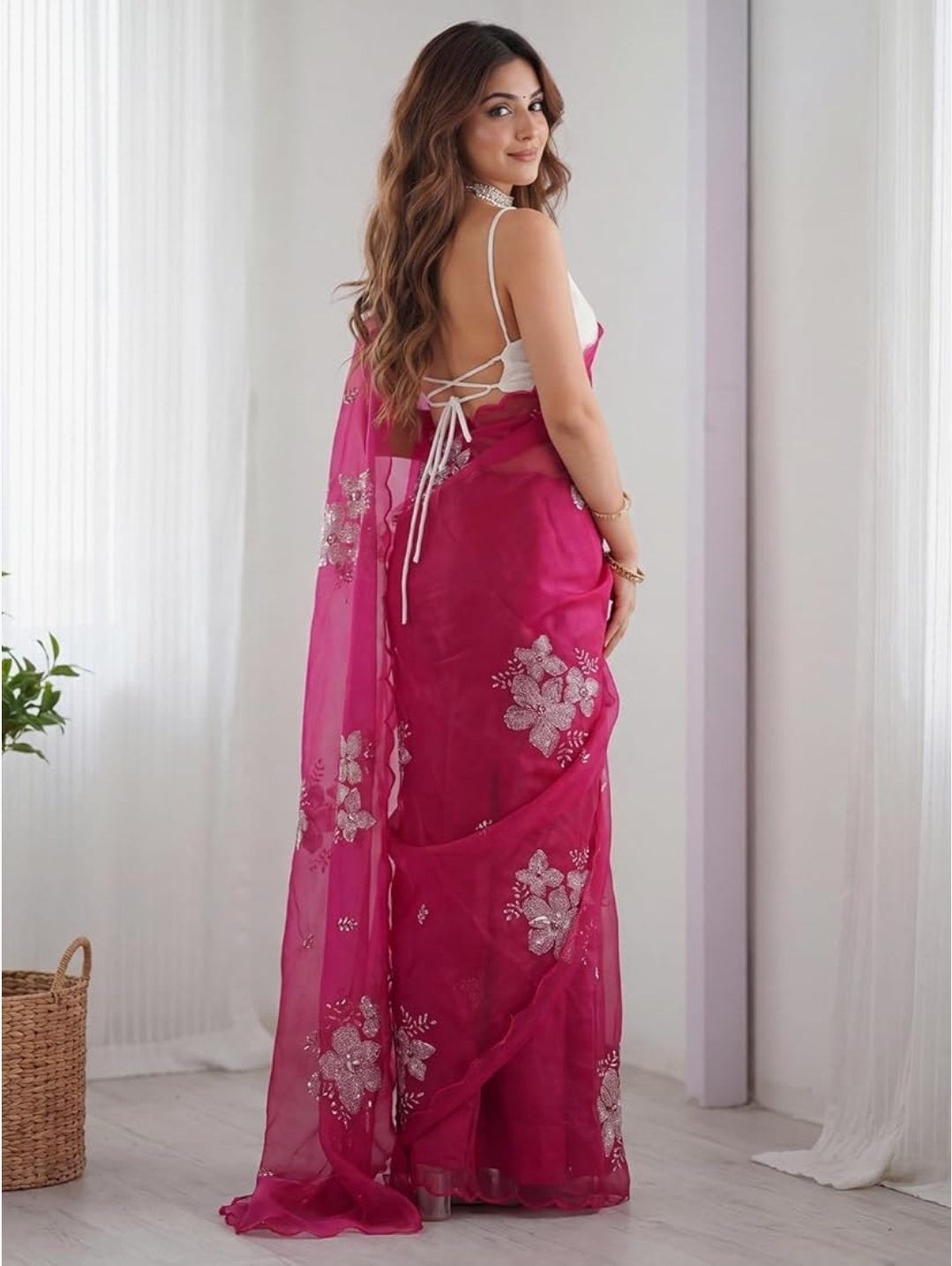 Women Pink Pure Georgette Embroidered Ready to Wear One Minute Saree with Unstitched Blouse Piece - Image 7
