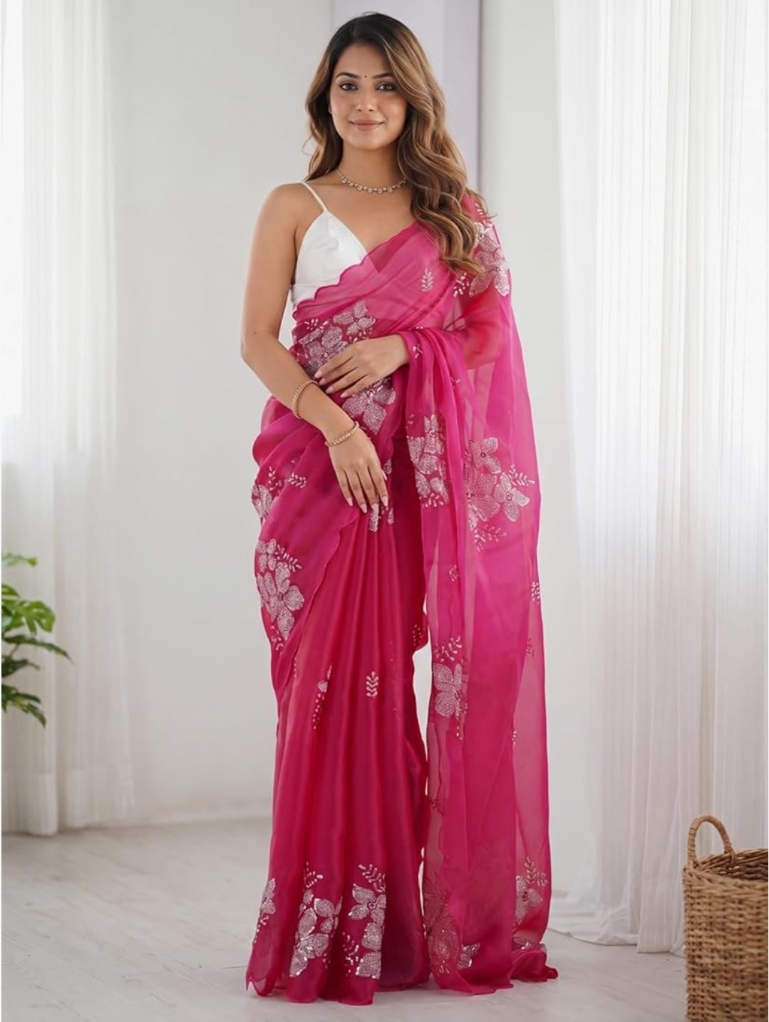 Women Pink Pure Georgette Embroidered Ready to Wear One Minute Saree with Unstitched Blouse Piece - Image 6