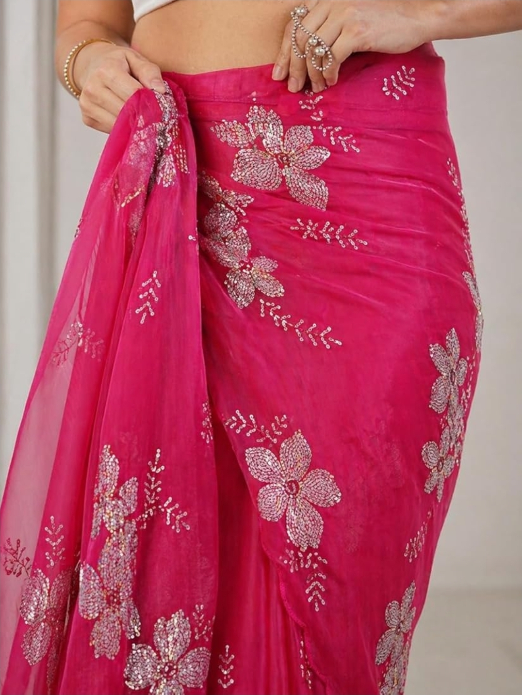 Women Pink Pure Georgette Embroidered Ready to Wear One Minute Saree with Unstitched Blouse Piece - Image 3