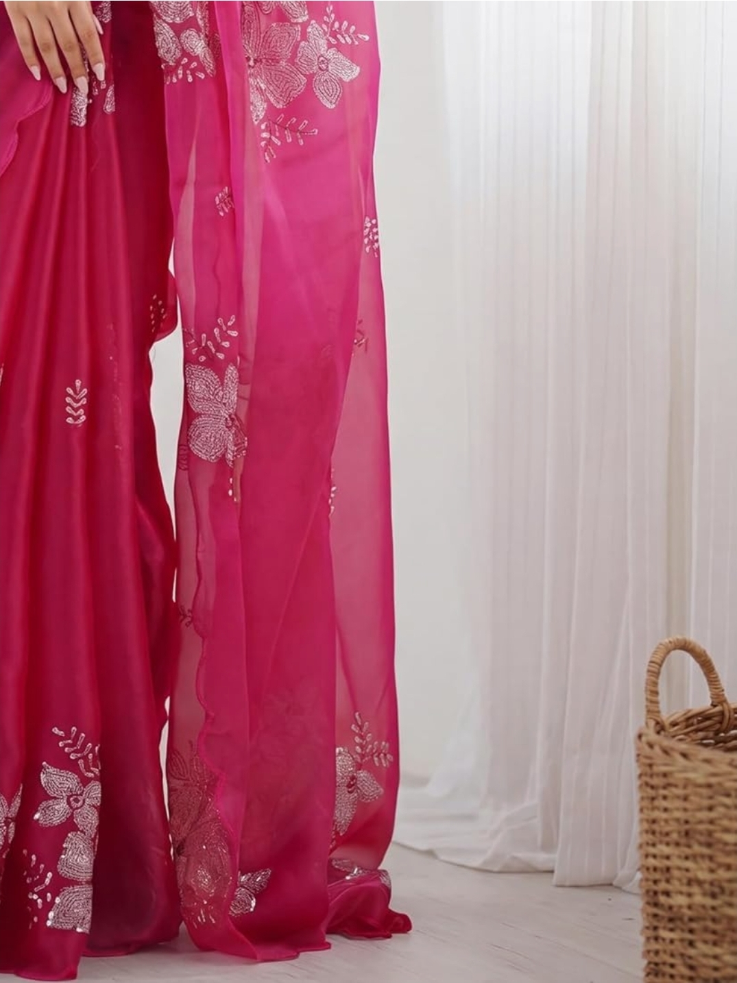 Women Pink Pure Georgette Embroidered Ready to Wear One Minute Saree with Unstitched Blouse Piece - Image 2