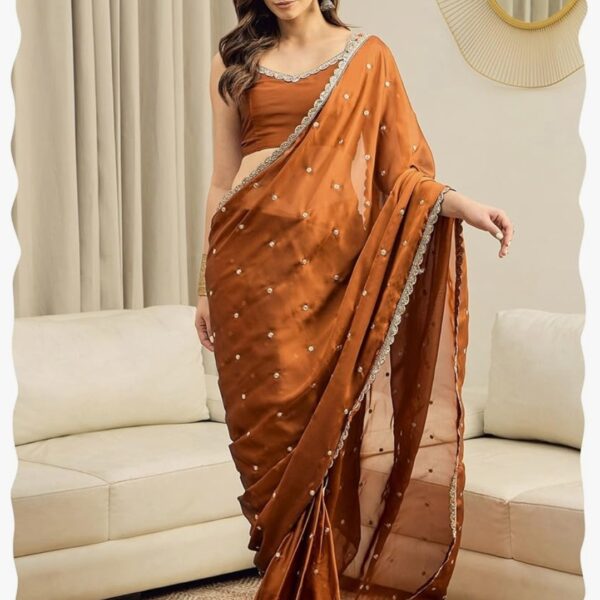 Women Rust Pure Georgette Embroidered Ready to Wear One Minute Saree with Unstitched Blouse Piece