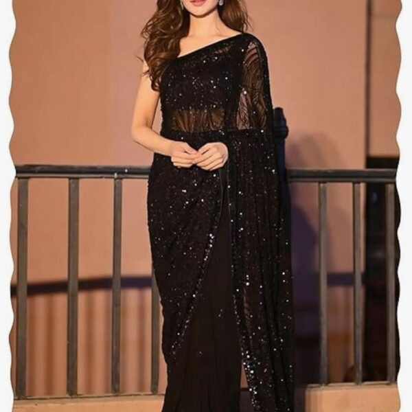 Women Black Solid Pure Georgette Embroidered Ready to Wear One Minute Saree with Unstitched Blouse Piece