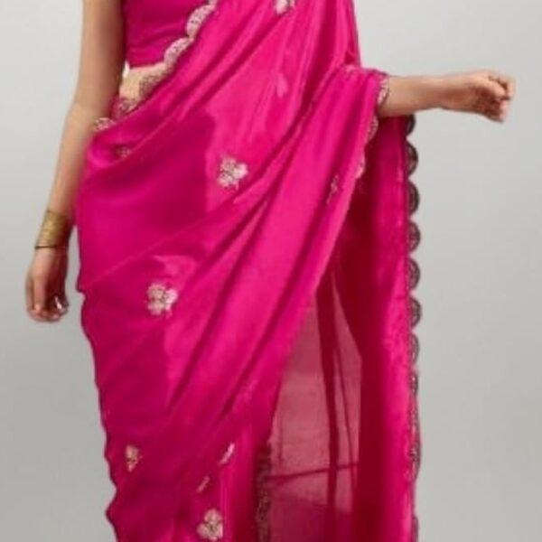 Women Pink Chinnon Embroidered Ready to Wear One Minute Saree with Unstitched Blouse Piece