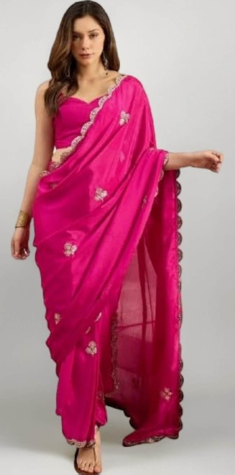 Women Pink Chinnon Embroidered Ready to Wear One Minute Saree with Unstitched Blouse Piece