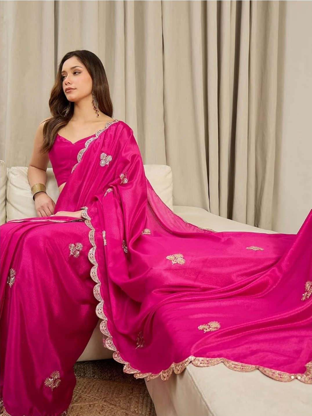 Women Pink Chinnon Embroidered Ready to Wear One Minute Saree with Unstitched Blouse Piece - Image 6