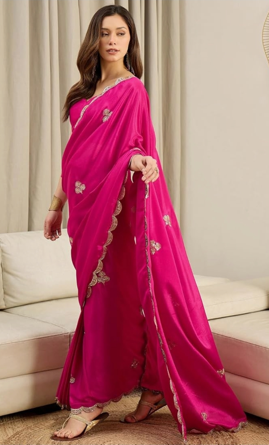 Women Pink Chinnon Embroidered Ready to Wear One Minute Saree with Unstitched Blouse Piece - Image 7