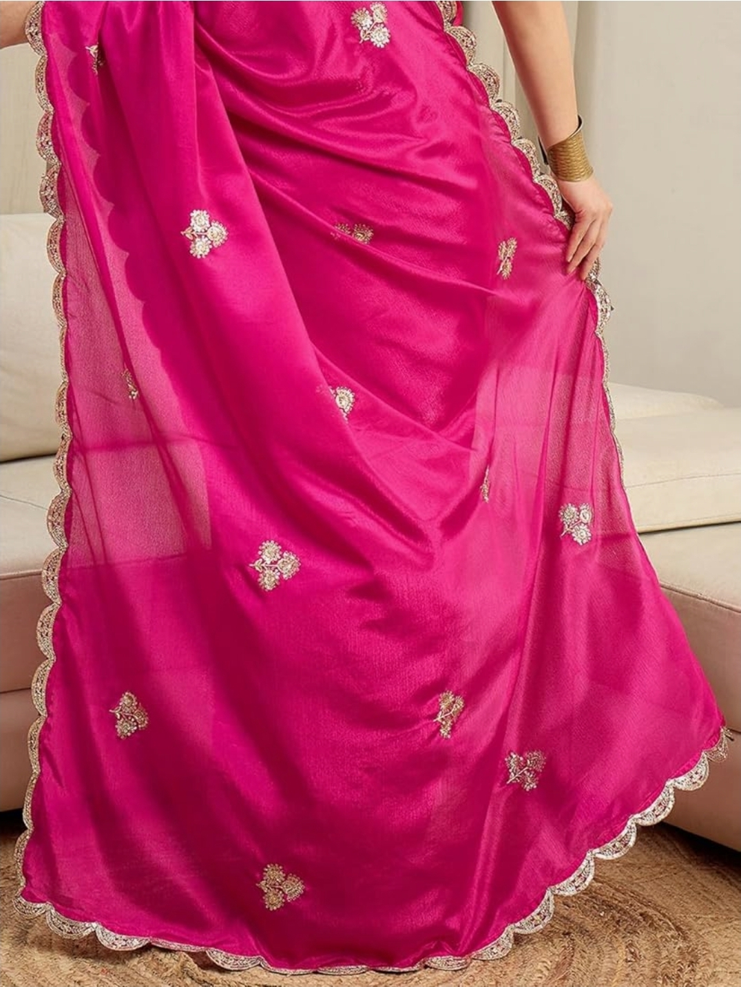 Women Pink Chinnon Embroidered Ready to Wear One Minute Saree with Unstitched Blouse Piece - Image 3