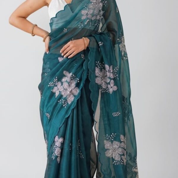 Women Teal Pure Georgette Embroidered Ready to Wear One Minute Saree with Unstitched Blouse Piece