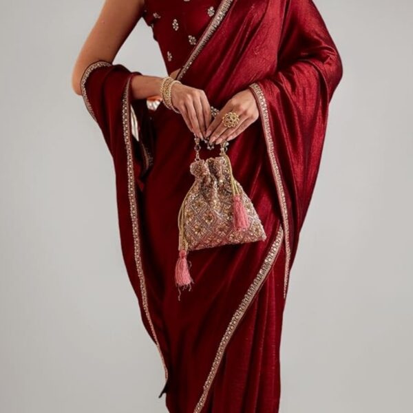 Women Maroon Vichitra Silk Embroidered Ready to Wear One Minute Saree with Unstitched Blouse Piece