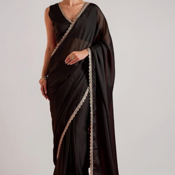Women Black Pure Georgette Embroidered Ready to Wear One Minute Saree with Unstitched Blouse Piece