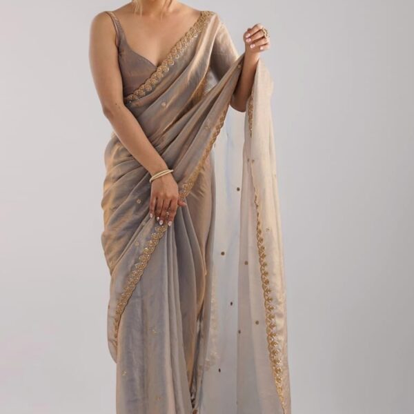 Women Beige Tissue Silk Embroidered Ready to Wear One Minute Saree with Unstitched Blouse Piece